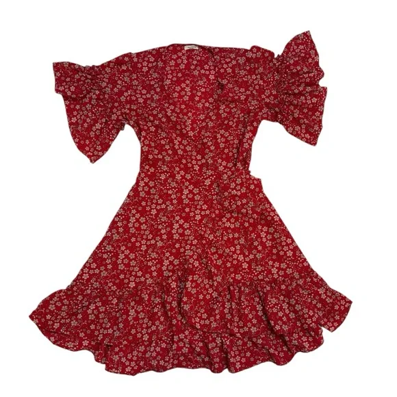 Max Studio Red Floral Ruffle Sleeve Wrap Dress - Picture 2 of 6